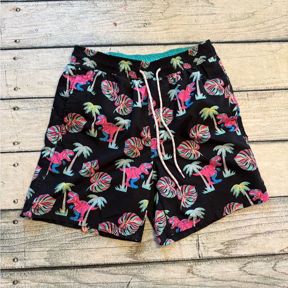 No boundaries black colorful dinosaur print swim trunks. S
